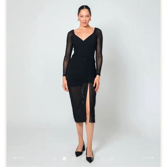 Cleobella Dresses & Skirts - Cleobella Chantal Mesh Ruched Gathered Lined Long Sleeve Bodycon Dress Black NWT